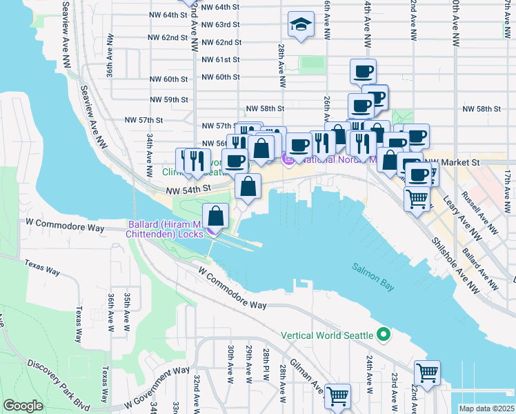 map of restaurants, bars, coffee shops, grocery stores, and more near 5330 30th Avenue Northwest in Seattle