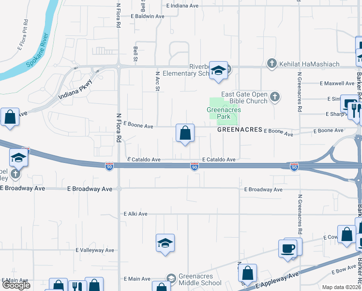 map of restaurants, bars, coffee shops, grocery stores, and more near 1108 North Tschirley Road in Spokane Valley