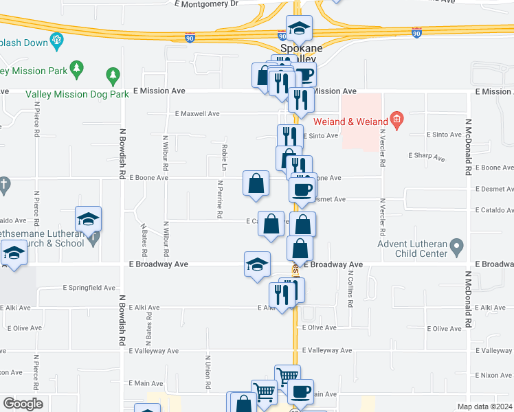 map of restaurants, bars, coffee shops, grocery stores, and more near 12111 East Cataldo Avenue in Spokane Valley