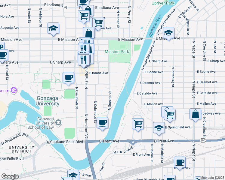 map of restaurants, bars, coffee shops, grocery stores, and more near 1016 North Superior Street in Spokane