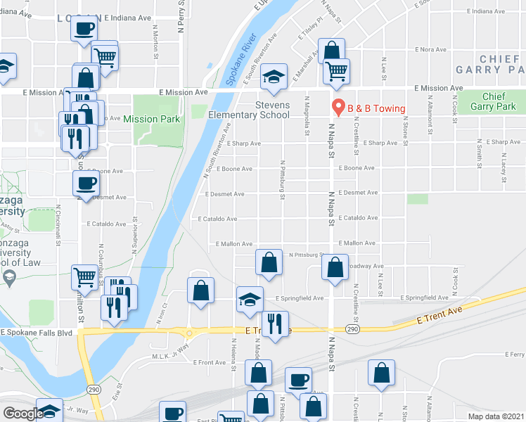 map of restaurants, bars, coffee shops, grocery stores, and more near 1703 East Cataldo Avenue in Spokane