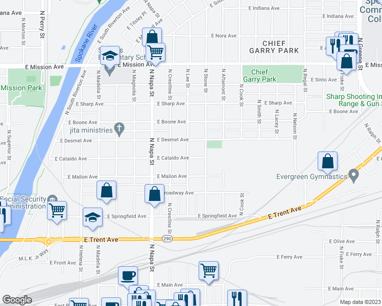 map of restaurants, bars, coffee shops, grocery stores, and more near 2201 East Cataldo Avenue in Spokane