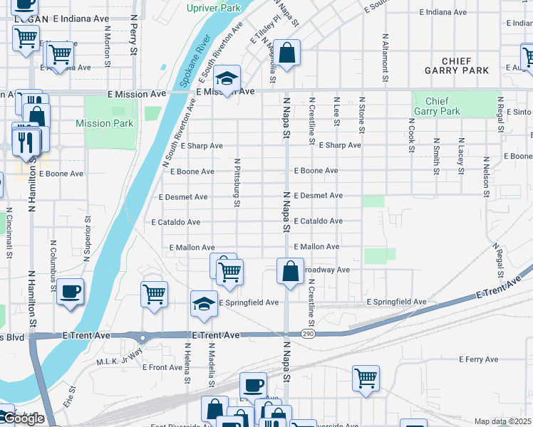map of restaurants, bars, coffee shops, grocery stores, and more near 1910 East Desmet Avenue in Spokane