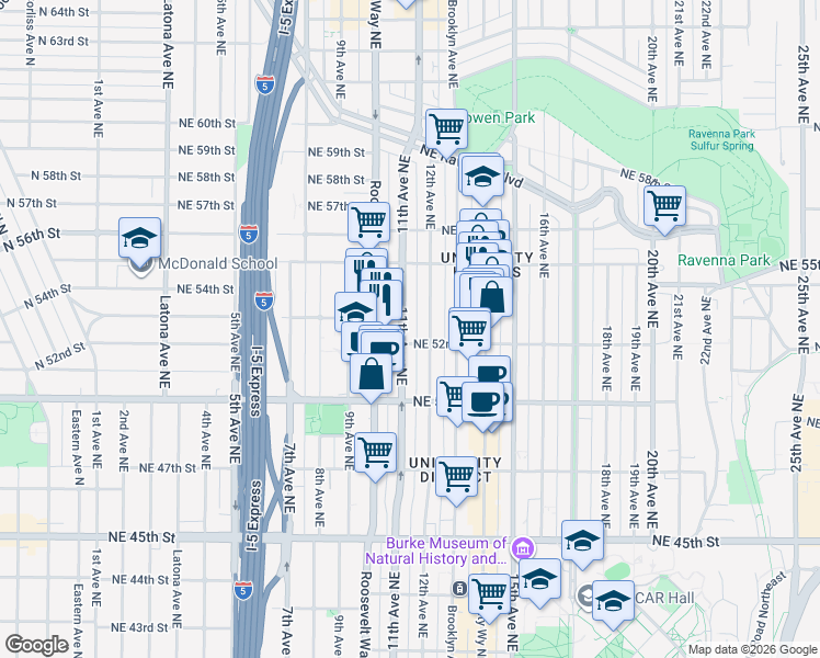 map of restaurants, bars, coffee shops, grocery stores, and more near 5210 11th Avenue Northeast in Seattle