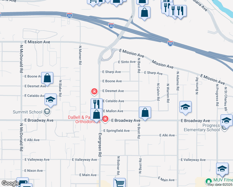 map of restaurants, bars, coffee shops, grocery stores, and more near 1020 North Bolivar Road in Spokane Valley