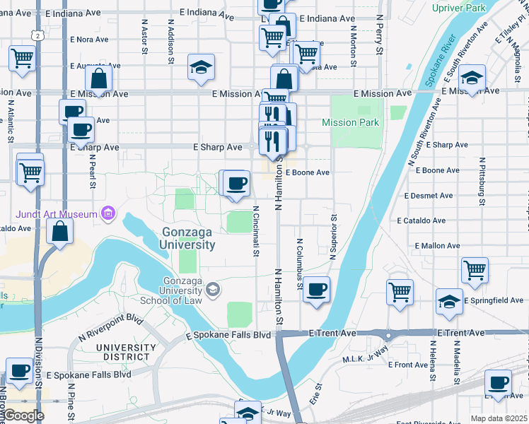 map of restaurants, bars, coffee shops, grocery stores, and more near 1000 North Cincinnati Street in Spokane