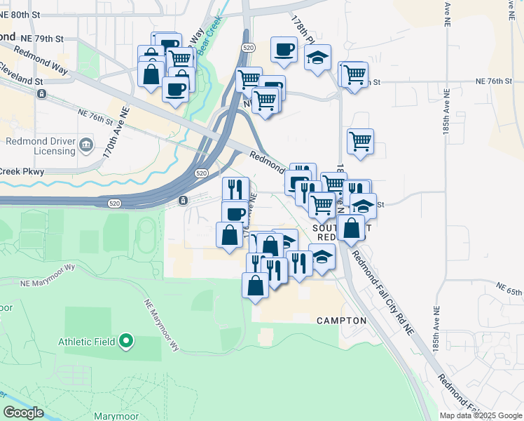 map of restaurants, bars, coffee shops, grocery stores, and more near in Redmond