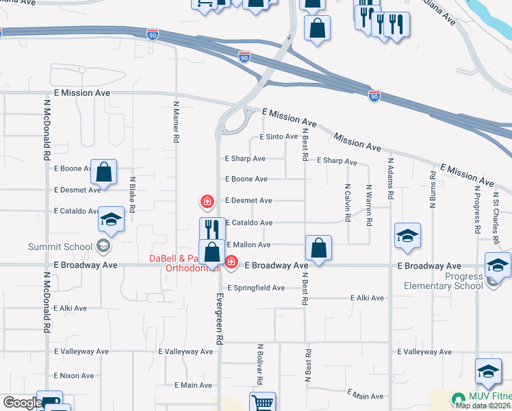 map of restaurants, bars, coffee shops, grocery stores, and more near 1020 North Bolivar Road in Spokane Valley