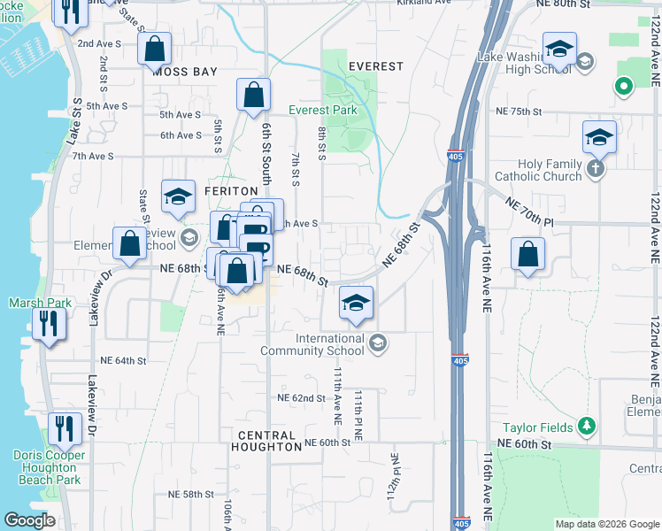 map of restaurants, bars, coffee shops, grocery stores, and more near 11006 Northeast 68th Street in Kirkland