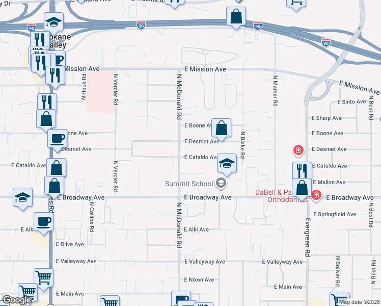 map of restaurants, bars, coffee shops, grocery stores, and more near 13119 East Cataldo Avenue in Spokane Valley