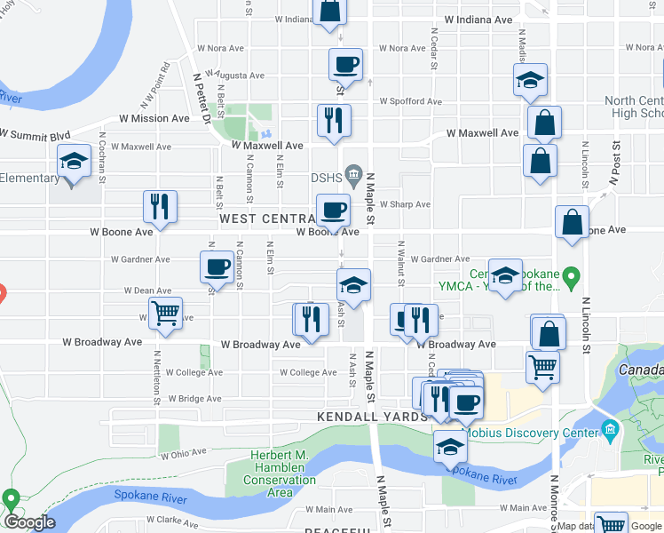 map of restaurants, bars, coffee shops, grocery stores, and more near 1015 North Ash Street in Spokane