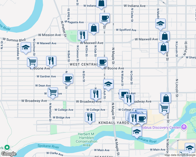map of restaurants, bars, coffee shops, grocery stores, and more near 1723 West Gardner Avenue in Spokane