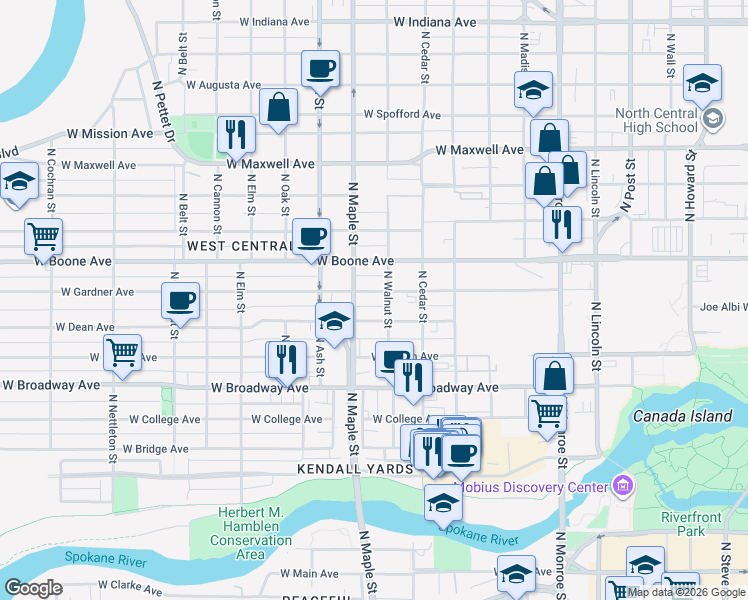 map of restaurants, bars, coffee shops, grocery stores, and more near in Spokane