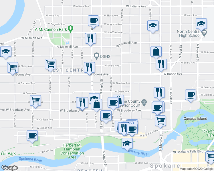 map of restaurants, bars, coffee shops, grocery stores, and more near in Spokane