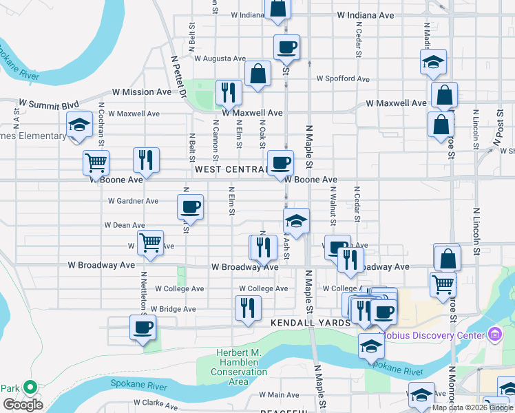 map of restaurants, bars, coffee shops, grocery stores, and more near 1819 West Gardner Avenue in Spokane