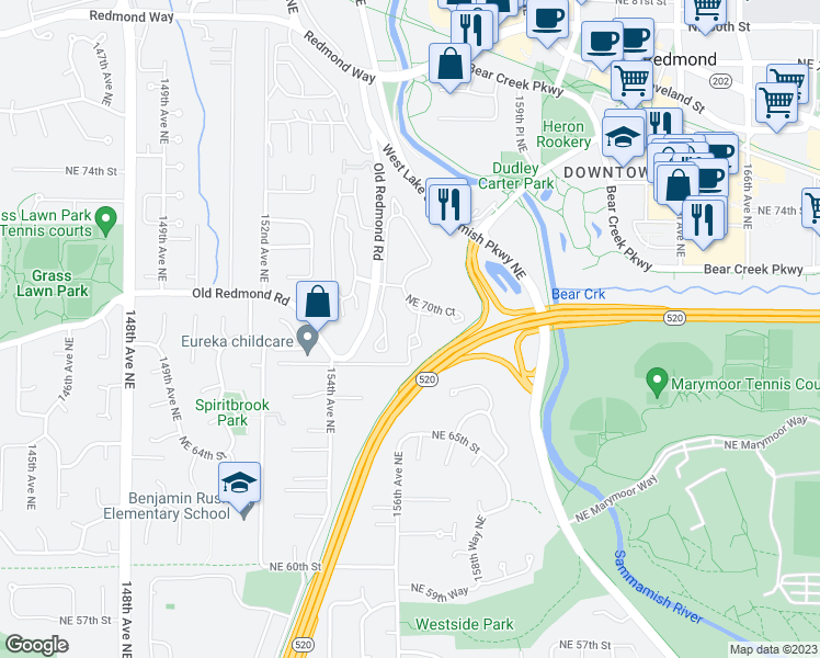 map of restaurants, bars, coffee shops, grocery stores, and more near 6888 156th Place Northeast in Redmond