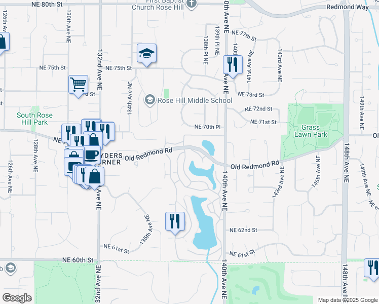 map of restaurants, bars, coffee shops, grocery stores, and more near 13801 Old Redmond Road in Redmond