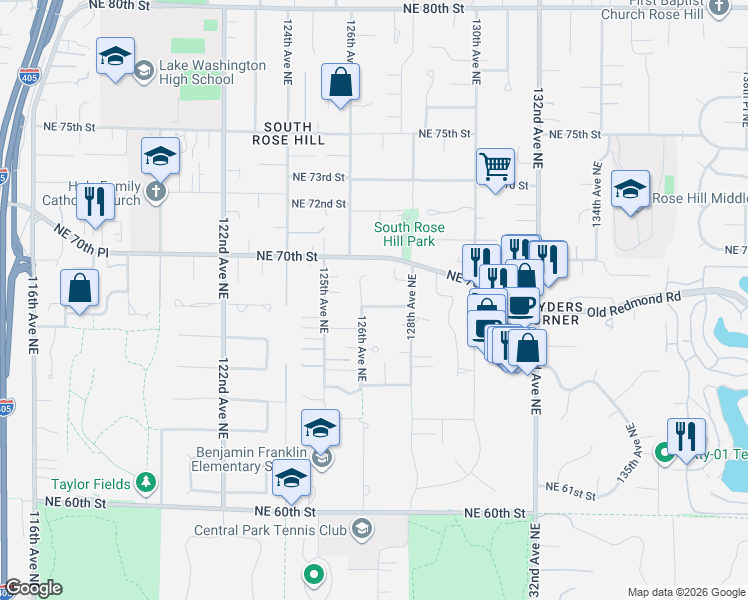 map of restaurants, bars, coffee shops, grocery stores, and more near 12622 Northeast 68th Place in Kirkland