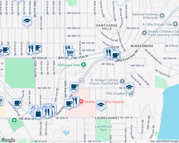 map of restaurants, bars, coffee shops, grocery stores, and more near 5214 Sand Point Way Northeast in Seattle