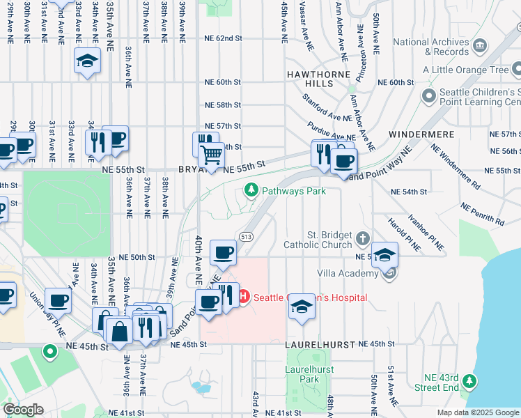 map of restaurants, bars, coffee shops, grocery stores, and more near 15 Mithun Place Northeast in Seattle