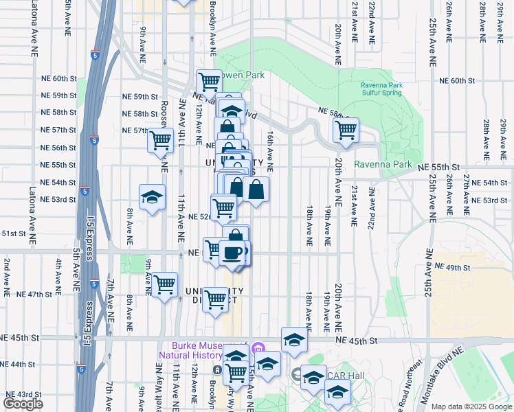 map of restaurants, bars, coffee shops, grocery stores, and more near 5218 15th Avenue Northeast in Seattle