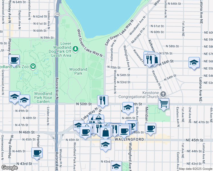 map of restaurants, bars, coffee shops, grocery stores, and more near 5216 Green Lake Way North in Seattle