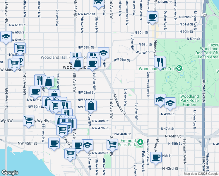 map of restaurants, bars, coffee shops, grocery stores, and more near 5211 3rd Avenue Northwest in Seattle