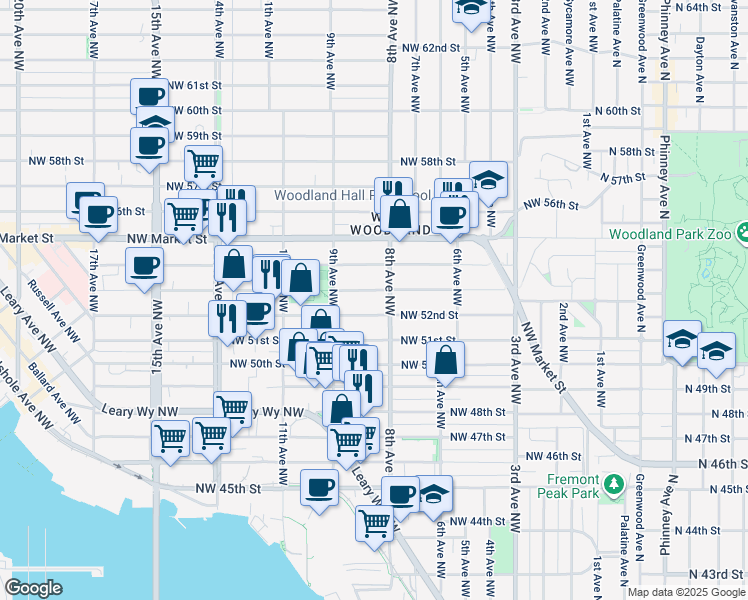 map of restaurants, bars, coffee shops, grocery stores, and more near 811 Northwest 53rd Street in Seattle
