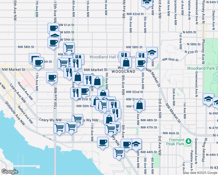 map of restaurants, bars, coffee shops, grocery stores, and more near 5216 9th Avenue Northwest in Seattle