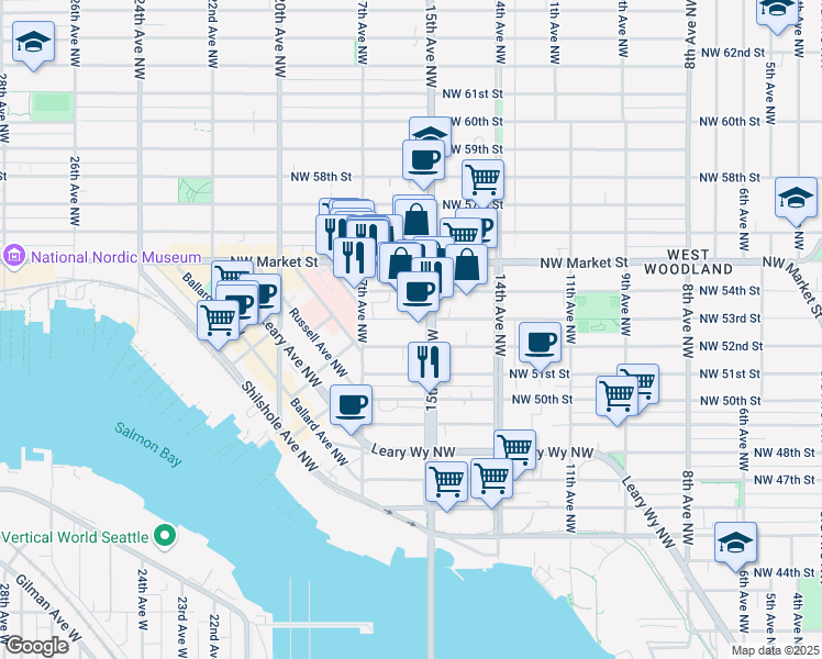 map of restaurants, bars, coffee shops, grocery stores, and more near 1525 Northwest 53rd Street in Seattle