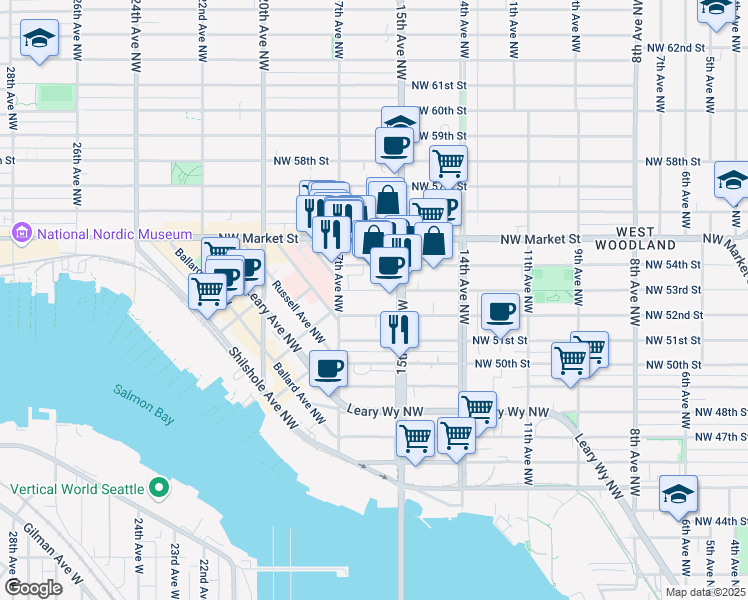 map of restaurants, bars, coffee shops, grocery stores, and more near 1525 Northwest 53rd Street in Seattle