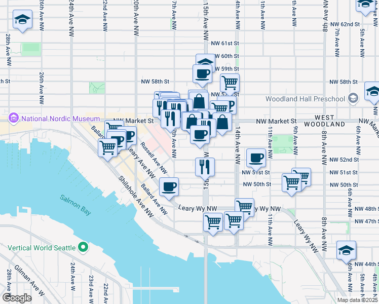 map of restaurants, bars, coffee shops, grocery stores, and more near 1525 Northwest 53rd Street in Seattle