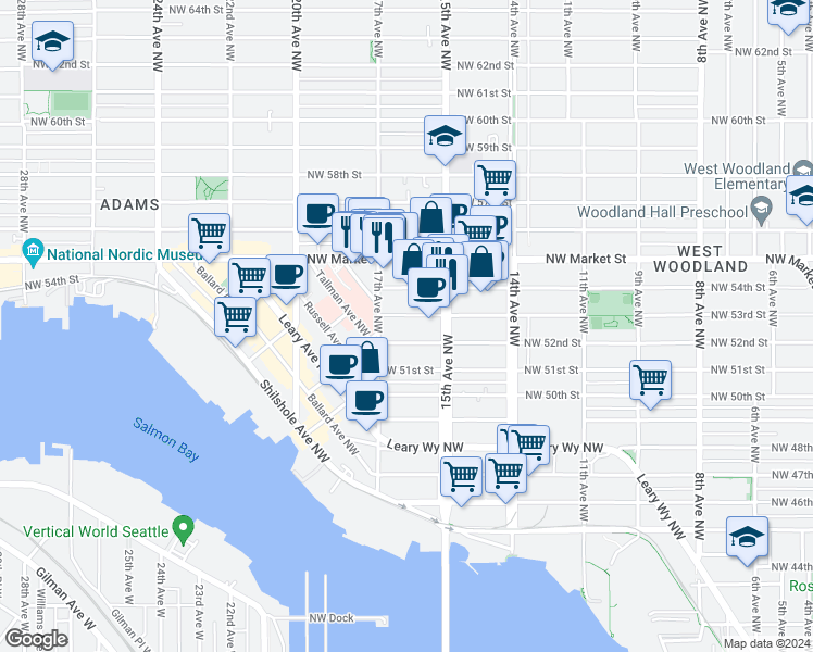 map of restaurants, bars, coffee shops, grocery stores, and more near 1525 Northwest 53rd Street in Seattle