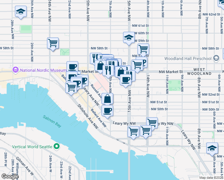 map of restaurants, bars, coffee shops, grocery stores, and more near 1559 Northwest 53rd Street in Seattle