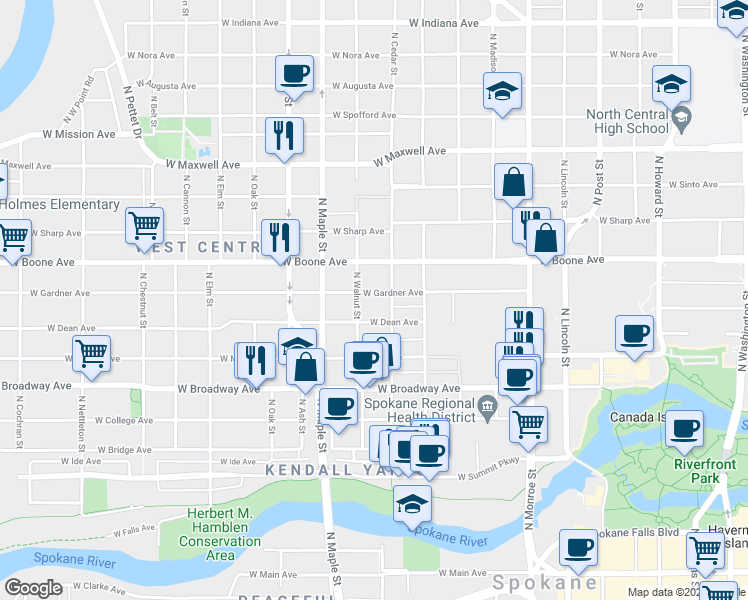 map of restaurants, bars, coffee shops, grocery stores, and more near 1427 West Gardner Avenue in Spokane