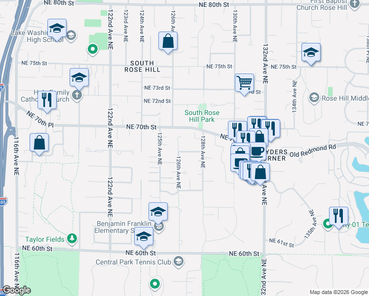 map of restaurants, bars, coffee shops, grocery stores, and more near 12610 Northeast 68th Place in Kirkland