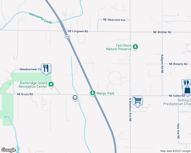 map of restaurants, bars, coffee shops, grocery stores, and more near 11588 Berry Patch Lane Northeast in Bainbridge Island