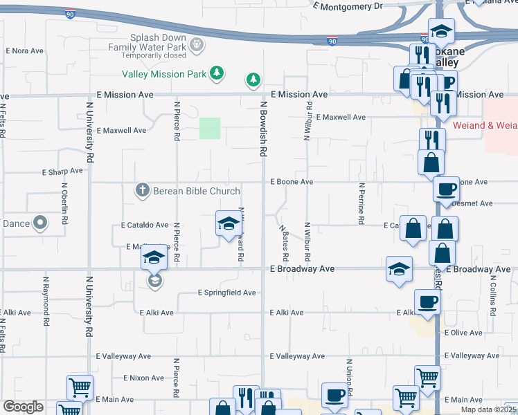 map of restaurants, bars, coffee shops, grocery stores, and more near 1019 North Bowdish Road in Spokane Valley