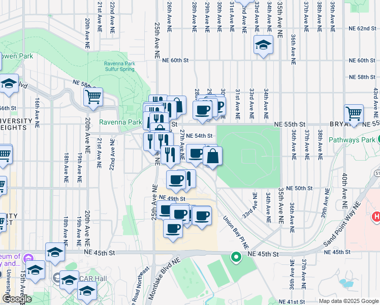 map of restaurants, bars, coffee shops, grocery stores, and more near 2715 Northeast 53rd Street in Seattle