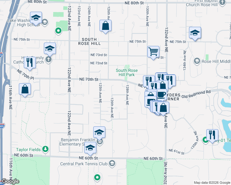 map of restaurants, bars, coffee shops, grocery stores, and more near 12610 Northeast 68th Place in Kirkland