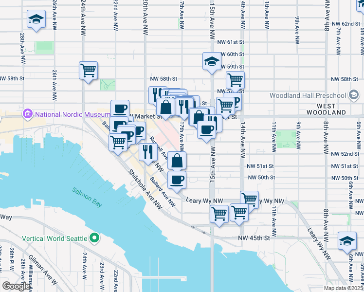 map of restaurants, bars, coffee shops, grocery stores, and more near 14th Ave NW & NW 46th St in Seattle