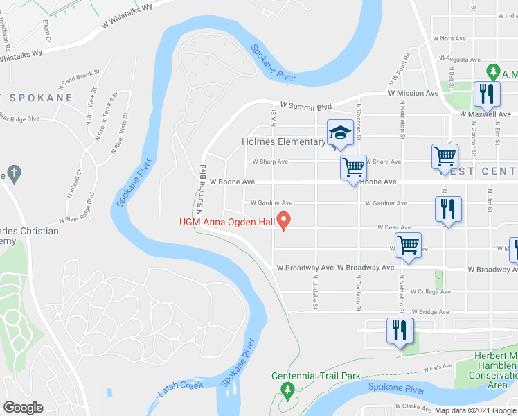 map of restaurants, bars, coffee shops, grocery stores, and more near 2919 West Gardner Avenue in Spokane
