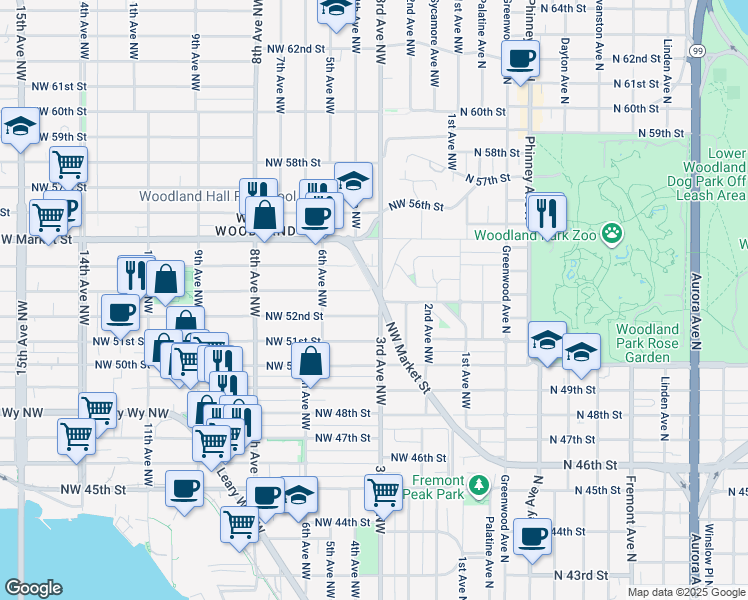 map of restaurants, bars, coffee shops, grocery stores, and more near 5211 3rd Avenue Northwest in Seattle