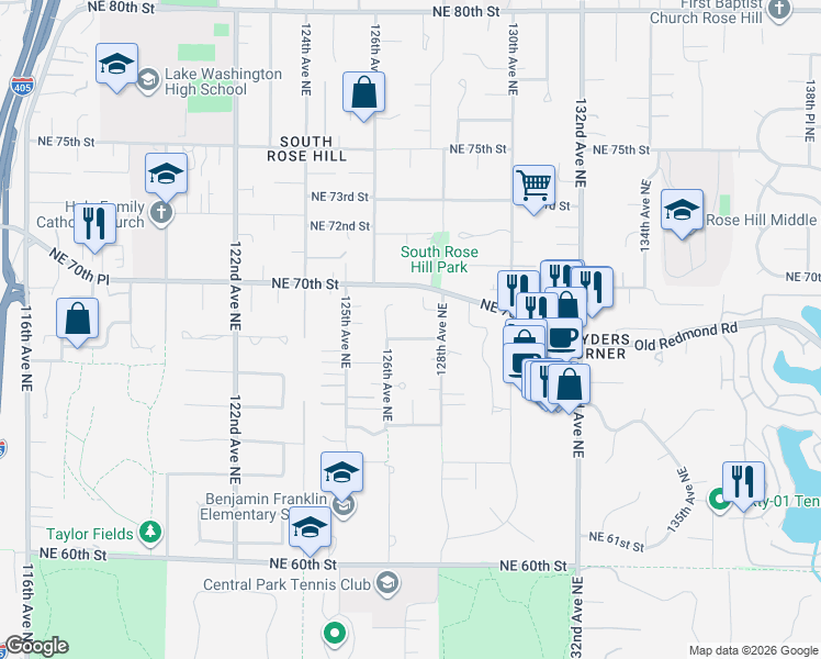 map of restaurants, bars, coffee shops, grocery stores, and more near 12622 Northeast 68th Place in Kirkland