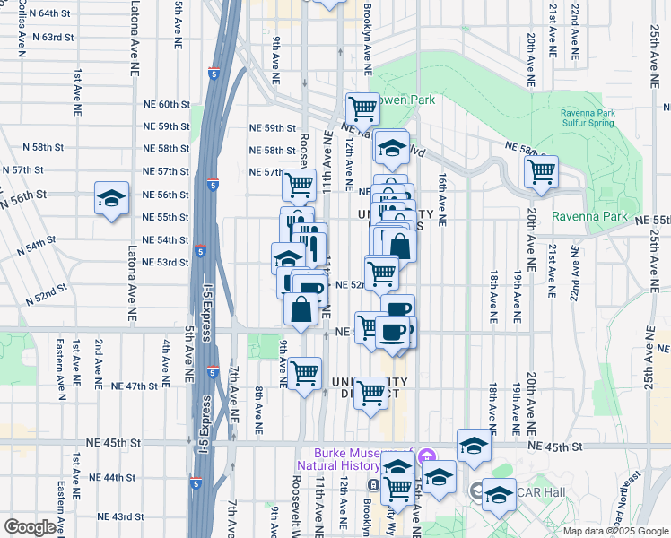 map of restaurants, bars, coffee shops, grocery stores, and more near 5214 11th Avenue Northeast in Seattle