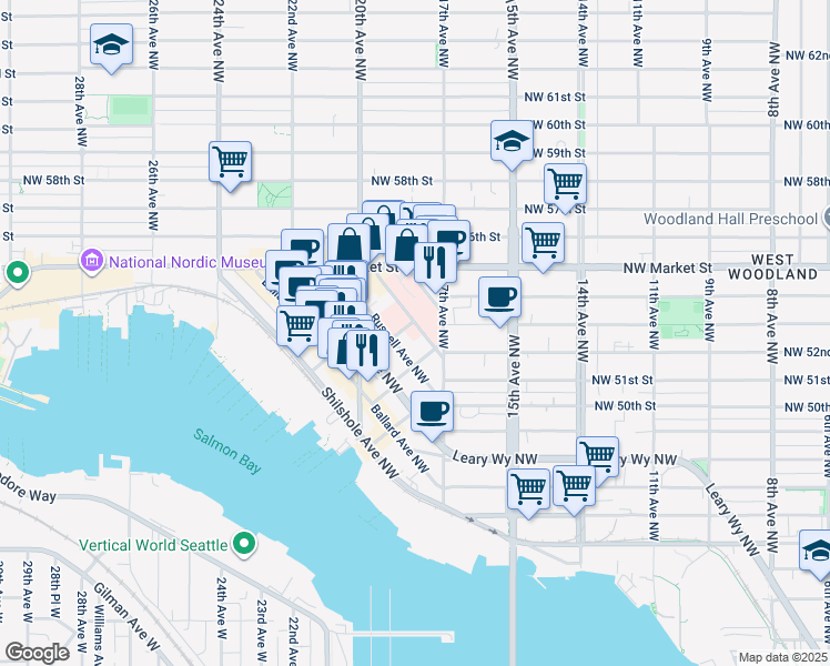 map of restaurants, bars, coffee shops, grocery stores, and more near 5225 Tallman Avenue Northwest in Seattle