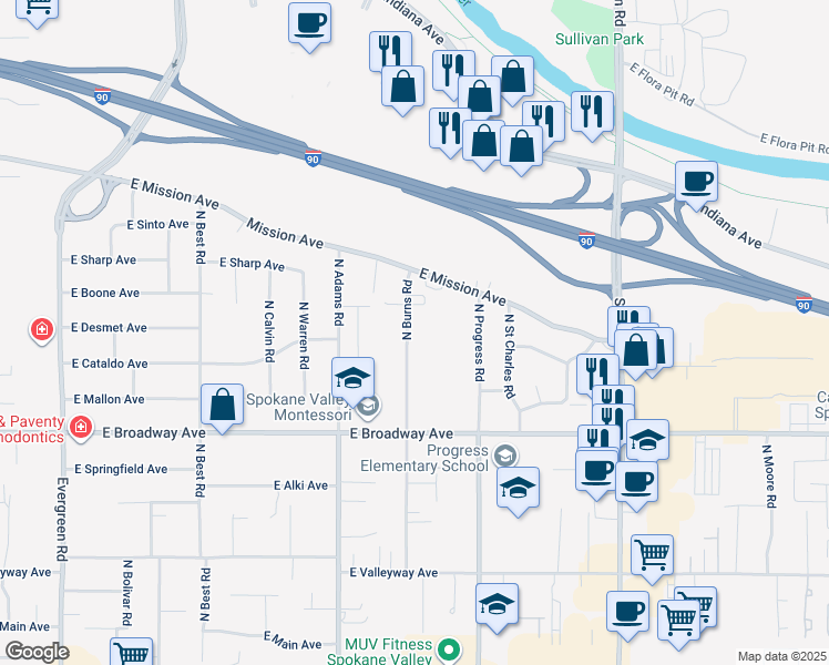 map of restaurants, bars, coffee shops, grocery stores, and more near 1022 North Burns Road in Spokane Valley