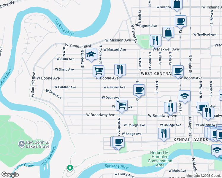 map of restaurants, bars, coffee shops, grocery stores, and more near 2325 West Gardner Avenue in Spokane