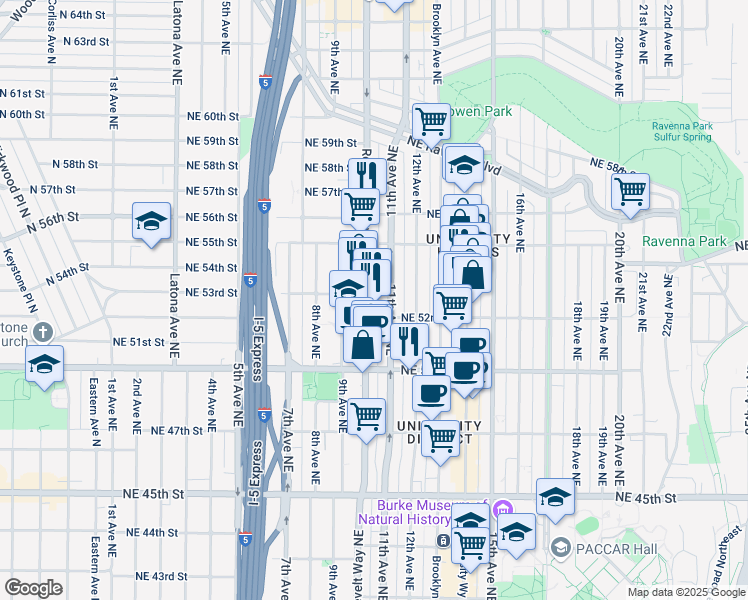 map of restaurants, bars, coffee shops, grocery stores, and more near 5220 Roosevelt Way Northeast in Seattle