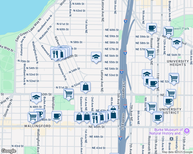 map of restaurants, bars, coffee shops, grocery stores, and more near 141 Northeast 53rd Street in Seattle
